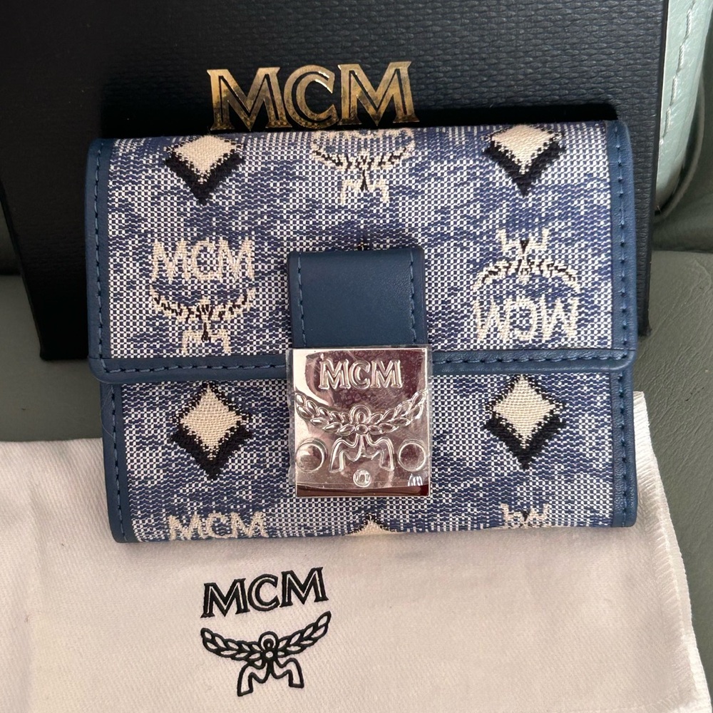 MCM Blue Monogram Jacquard Compact Wallet with Silver Hardware